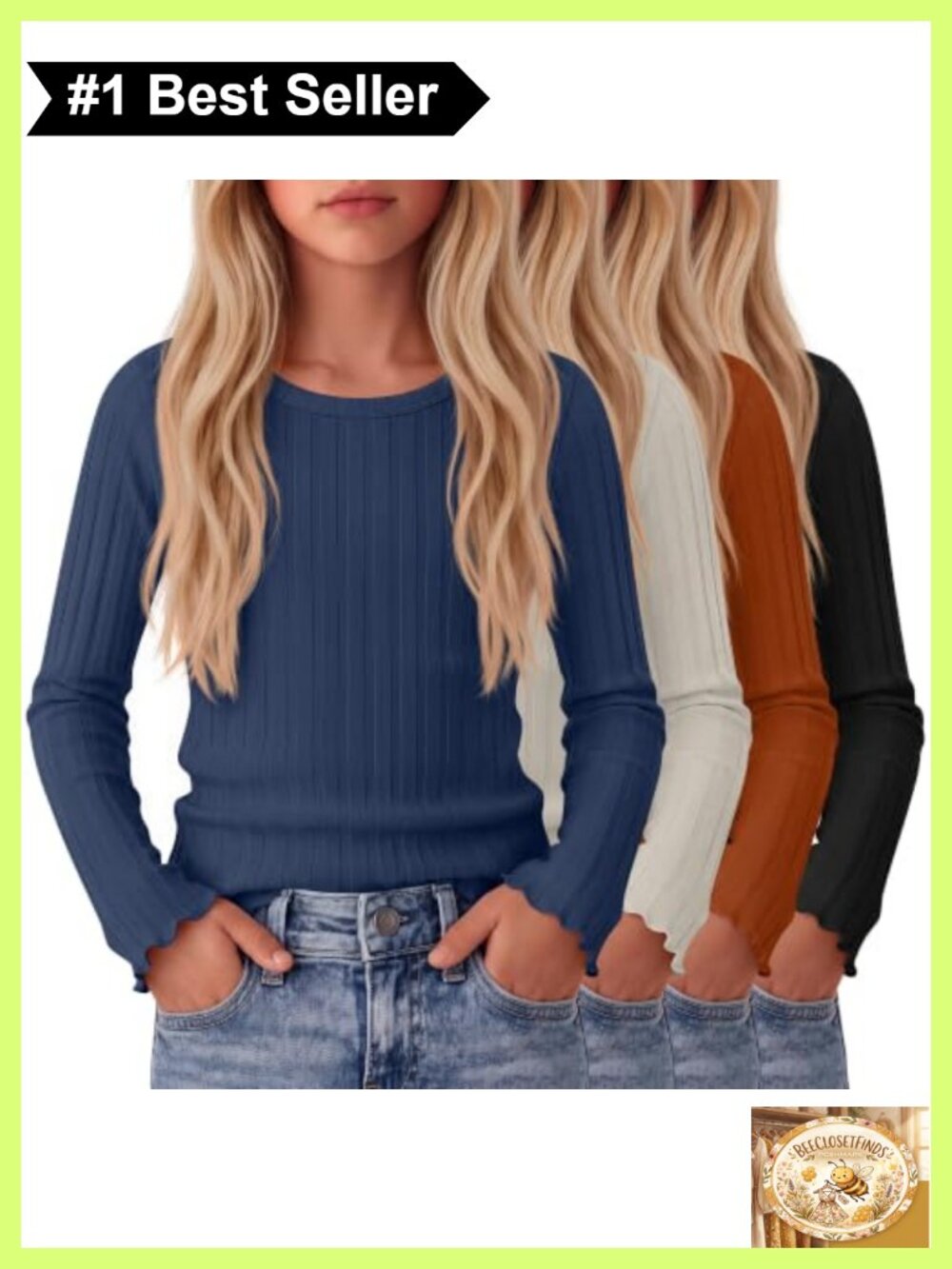 Girls Ribbed Long Sleeve Cotton Blend Tee Shirts 4 Pack Slim Fit Lettuce Trim